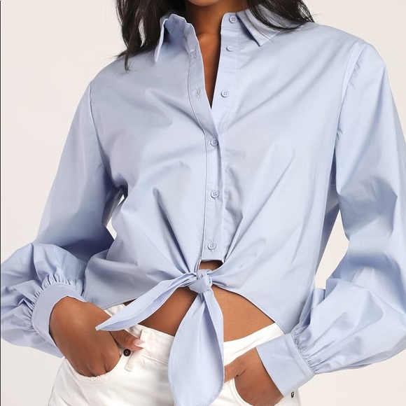NEW Light Blue Tie-Front Long Sleeve Button-Up Top - Picture 2 of 5